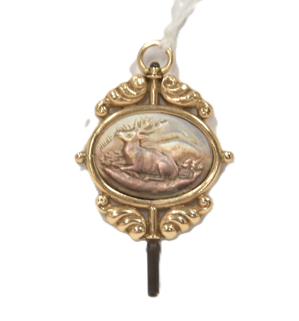 14kt GOLD CARVED DEER CAMEO WATCH FOB: 14kt GOLD MOUNTED CARVED MOTHER OF PEARL DEER CAMEO WATCH FOB - 4.71grams ; 2" x 1/4"