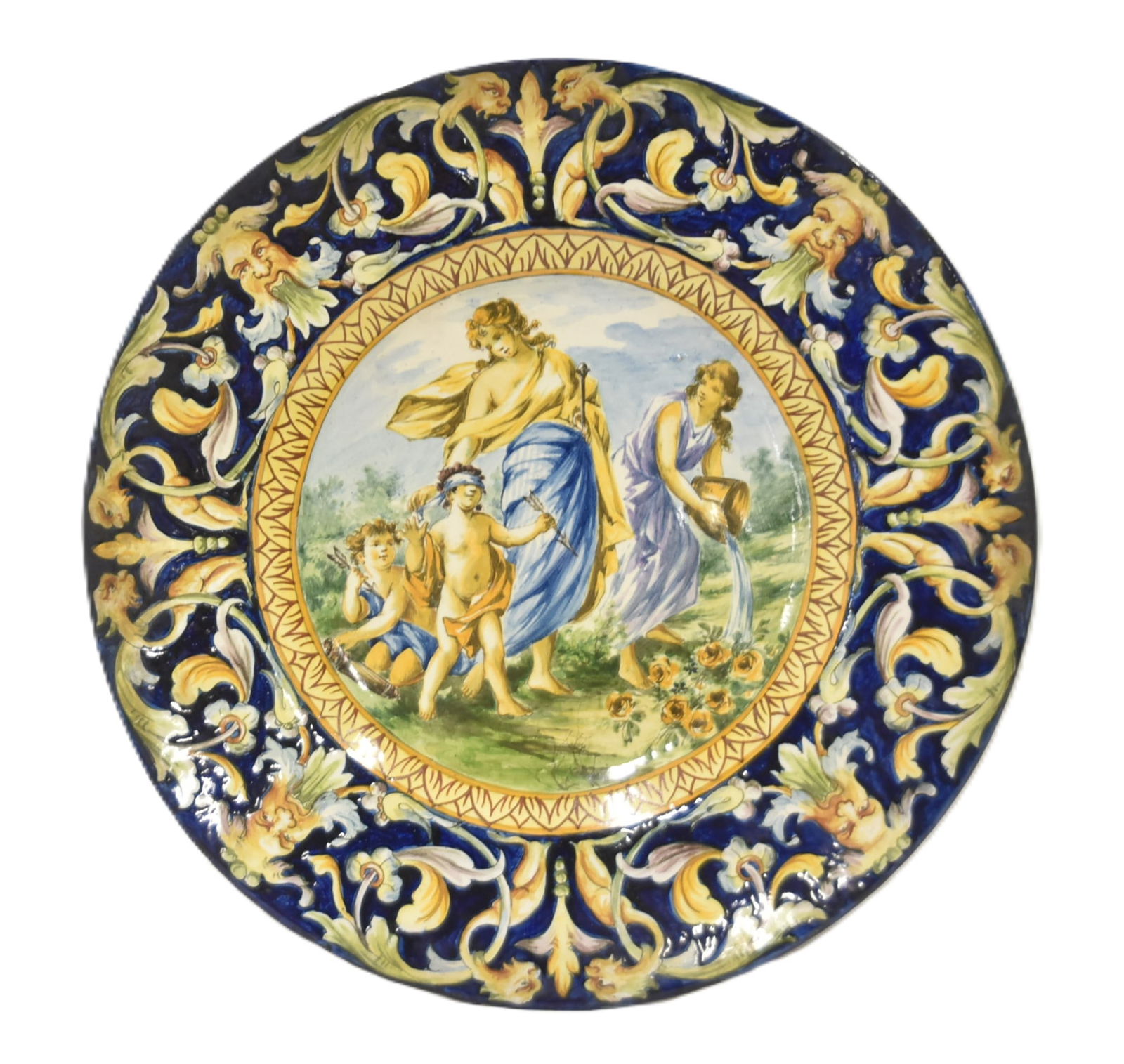ITALIAN CAPODIMONTE MAJOLICA CHARGER: LARGE ITALIAN CAPODIMONTE MAJOLICA CHARGER WITH FIGURAL SCENES - 15 1/2" D
