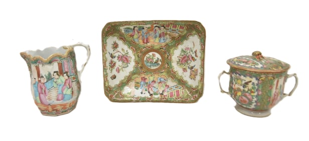 ANTIQUE ROSE MEDALLION SUGAR , CREAMER & PLATE