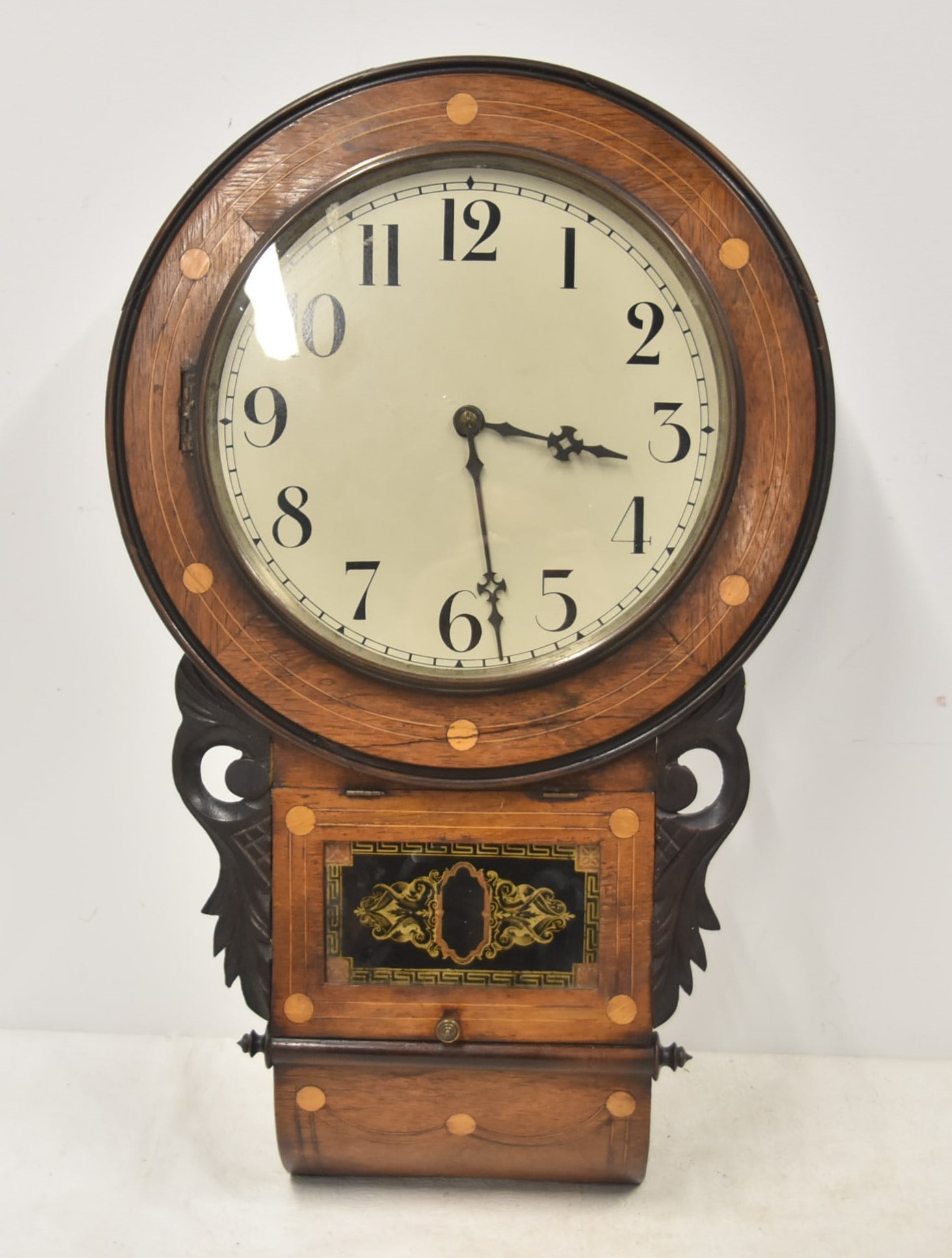 ANTIQUE ROUND FACE WALL REGULATOR: ANTIQUE INLAID ROUND FACE WALL REGULATOR - 17" x 5" x 26" (REPLACED FACE)