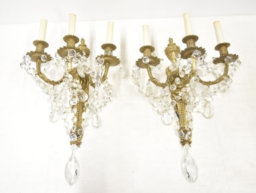 PAIR FRENCH STYLE BRONZE & CRYSTAL SCONCES