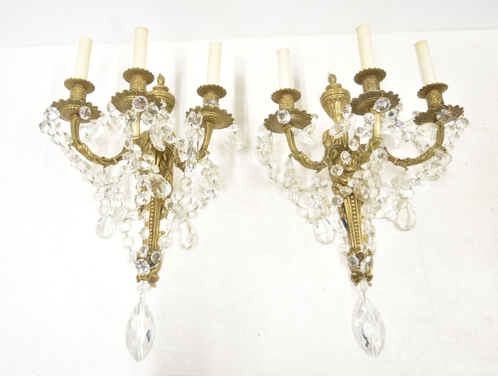 PAIR FRENCH STYLE BRONZE & CRYSTAL SCONCES (1 of 6)