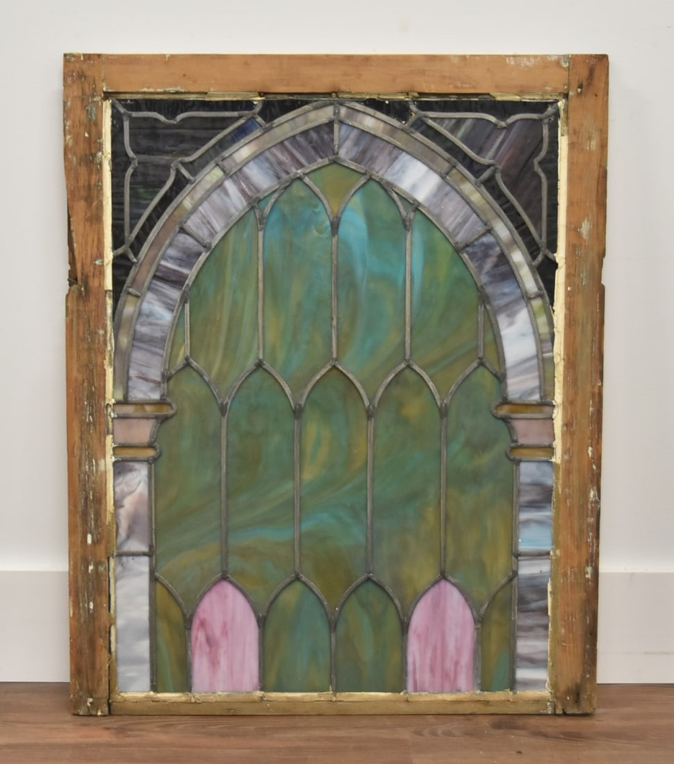 ANTIQUE STAINED GLASS WINDOW: ANTIQUE MULTI COLOR STAINED GLASS WINDOW - 24" x 30" OVERALL