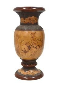 RELIGOUS BURNT WOOD VASE WITH THE BIRTH OF CHRIST