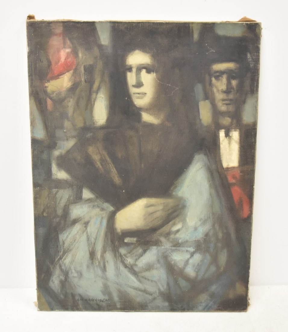 A.M. MACHOUREK , OIL ON CANVAS PORTRAIT: ANTONIN MAREK MACHOUREK (FRENCH/CZECH, 1913-1991) OIL ON CANVAS PORTRAIT OF WOMAN HOLDING FAN & FIGURES SURROUNDING , SIGNED AM MACHOUREK , LOWER LEFT & INVERSO - 18" x 24" UNFRAMED (HAS SCRATCH BY WO