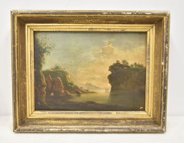 ANTIQUE OIL ON PANEL COASTAL CLIFFS LANDSCAPE