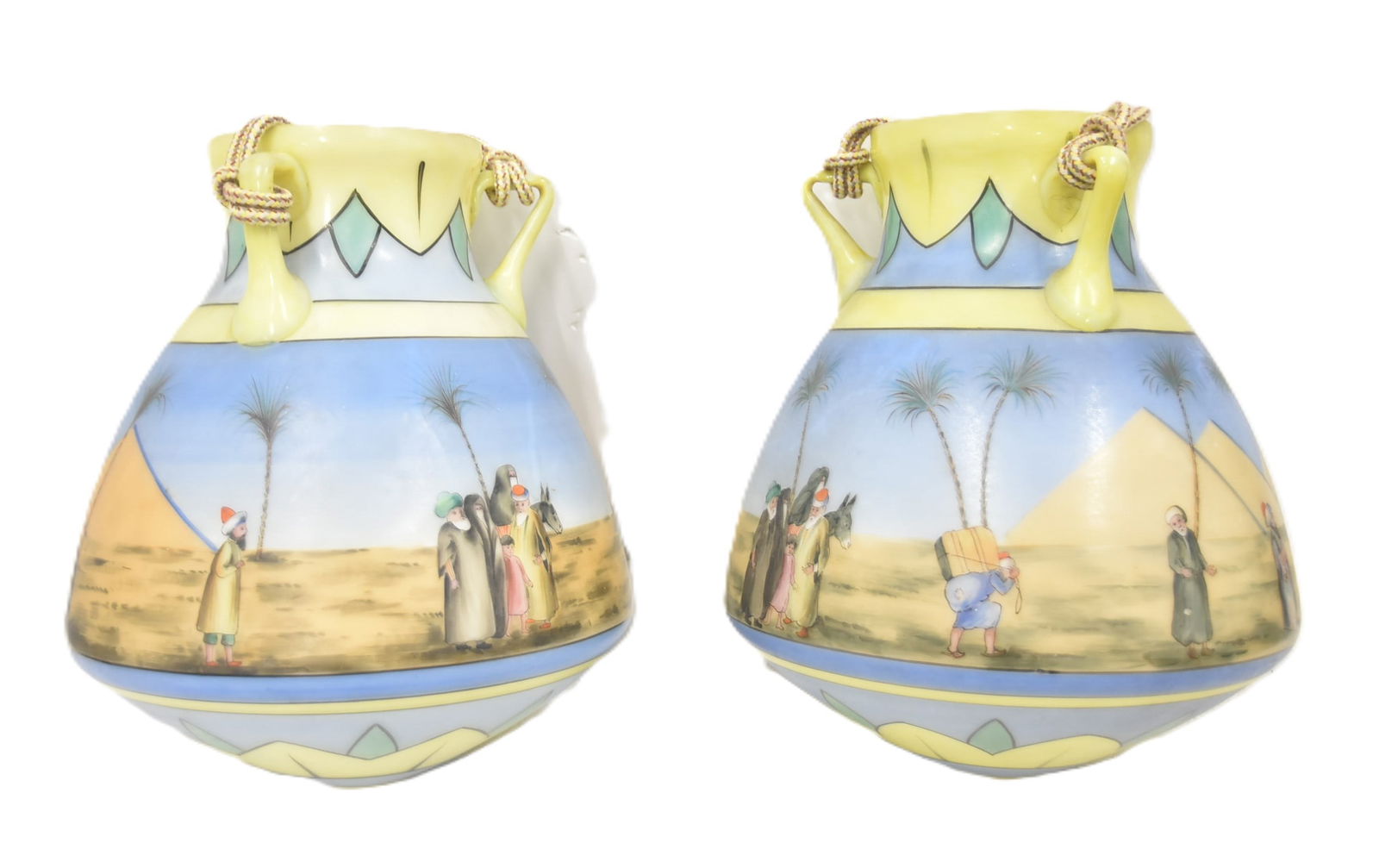 (Pr)HAND PAINTED OPALINE EGYPTIAN REVIVAL PLANTERS: PAIR 19th CENTURY HAND PAINTED OPALINE AMPHORA HANGING PLANTERS WITH EGYPTIAN REVIVAL ORIENTALIST PYRAMID DESERT SCENES - 12" x 14" OVERALL