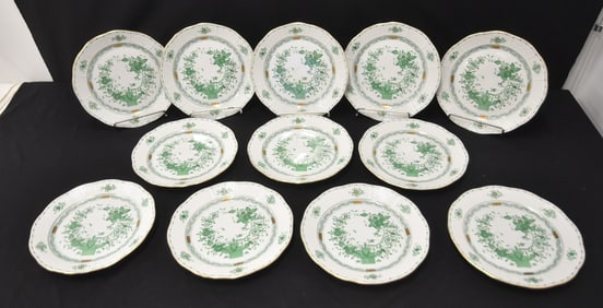 (12) HEREND INDIAN BASKET GREEN DINNER PLATES