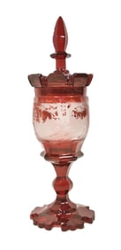 ANTIQUE BOHEMIAN ETCHED RUBY GLASS POKAL