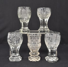 (5) VICTORIAN MASONIC ENGRAVED WINE GLASSES