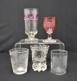 (5) ANTIQUE 19thC ETCHED GLASS GOBLETS