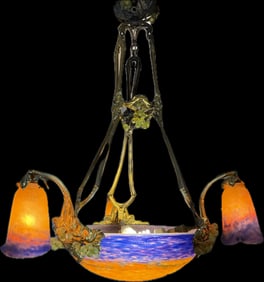 MULLER FRERES FRENCH GLASS & BRONZE CHANDELIER