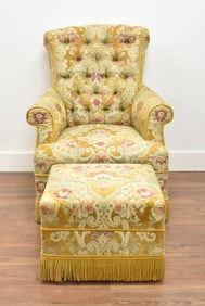 CUT VELVET UPHOLSTERED ARM CHAIR & OTTOMAN