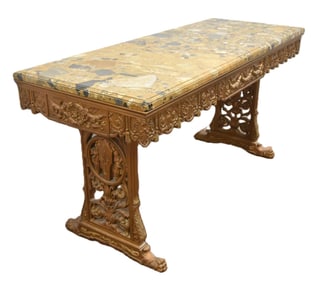 HEAVILY CARVED MARBLE TOP TRESSLE TABLE