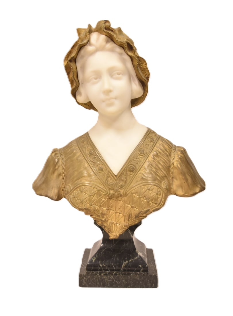AFFORTUNATO GORY , BRONZE & MARBLE BUST: Affortunato Gory (French, 1895-1925) FRENCH BRONZE & MARBLE BUST OF WOMAN WEARING BONET , SIGNED A GORY , ON SHOULDER ; RAISED ON MARBLE BUST - 14" x 7" x 16"patina could use a cleaning and there is a