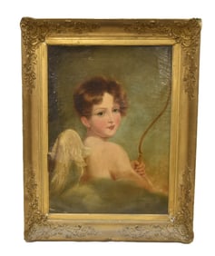 FRENCH SCHOOL OIL ON CANVAS PORTRAIT OF CUPID