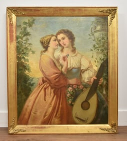 ANTIQUE 19thC OIL ON CANVAS CLASSICAL MAIDENS
