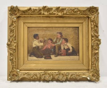 OIL ON CANVAS OF YOUNG BOYS PLAYING CARDS