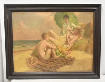 FREDERICK MULHAUPT , OIL ON CANVAS NUDE ON BEACH