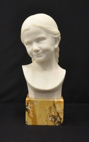 ANTIQUE CARVED MARBLE BUST OF GIRL WITH BRAIDS