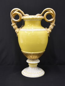 LARGE MEISSEN YELLOW SNAKE HANDLE VASE