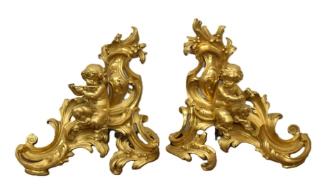 PAIR LARGE FRENCH ORMOLU BRONZE CHENETS