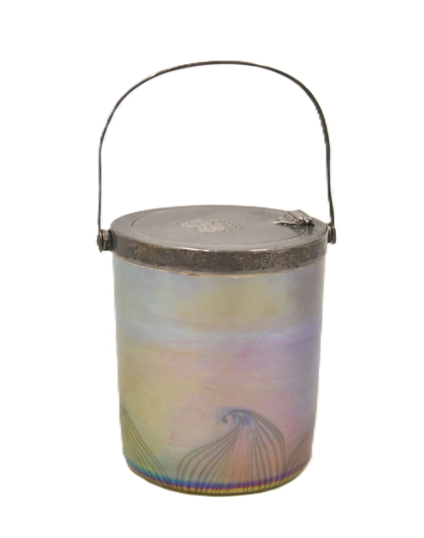 LC TIFFANY ART GLASS & STERLING HANDLED JAR: LCT TIFFANY ART GLASS JAR WITH TIFFANY MAKERS STERLING SILVER MOUNTS - 3 1/2' x 6" WITH HANDLE UP