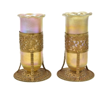 PAIR LC TIFFANY FAVRILE & METAL VASES