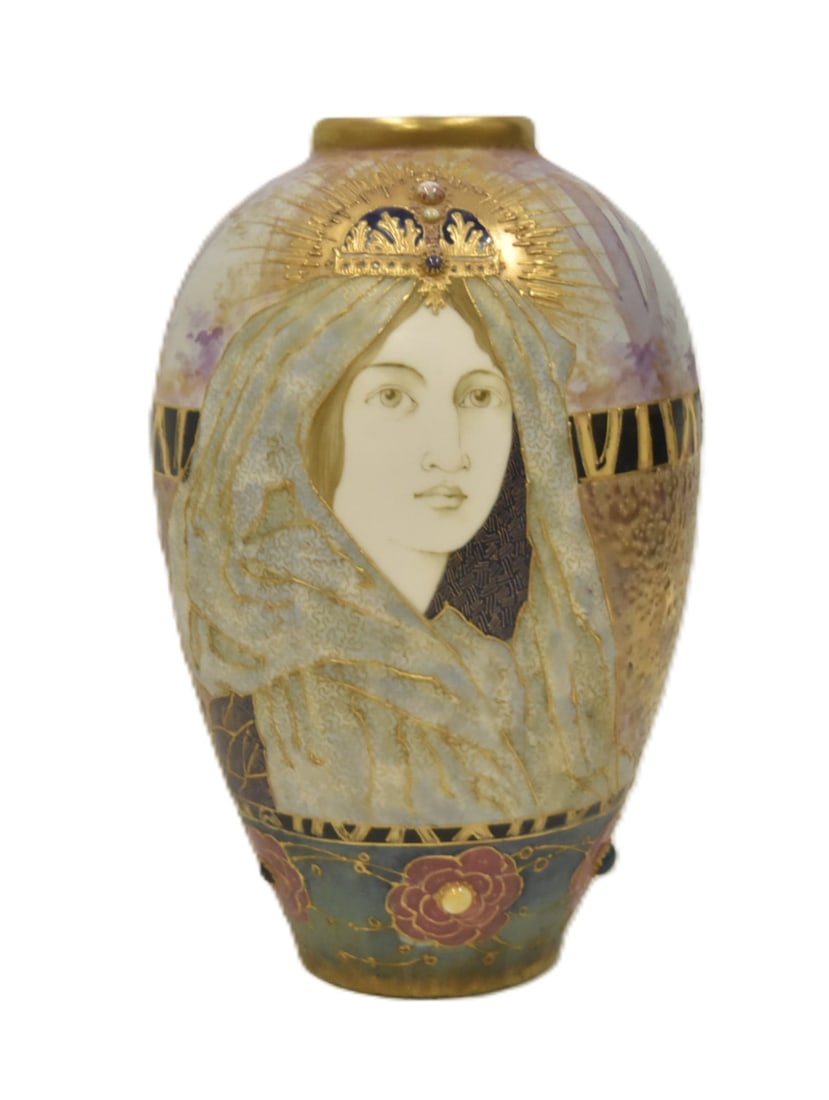 TEPLITZ JEWELED PORTRAIT VASE "WINTER QUEEEN": RSTK TURN TEPLITZ AMPHORA PORCELAIN PORTRAIT VASE "WINTER QUEEN" ; WITH LARGE PORTRAIT OF ART NOUVEAU WOMAN WEARING HEADRESS & JEWELED CROWN SURROUNDED BY JEWELS AROUND BASE ; MARKED RSTK Riessner, St