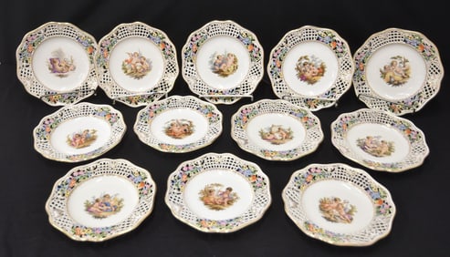 (12) HAND PAINTED MEISSEN OPEN WORK CHERUB PLATES