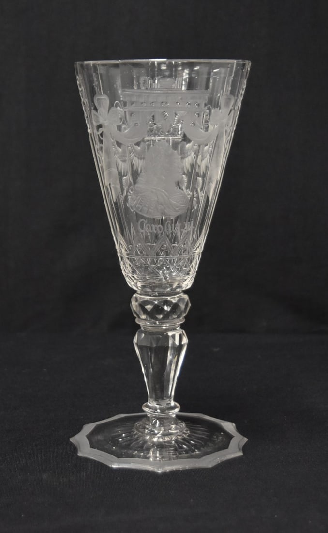THURINGIAN ROYAL ENGRAVED GOBLET: ATTRIBUTED TO THURINGIAN ROYAL ENGRAVED GOBLET OF CAROLUS VI , KING CHARLES VI , HOLY ROMAN EMPORER IMPERIAL CHALICE , WITH PORTRAIT OF CHARLES VI , INSCRIBED CAROLUS VI, WITH ENGRAVED IMPERIAL DOUBLE