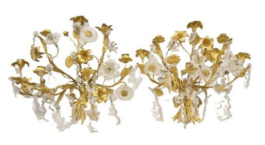 PAIR FINE FRENCH BRONZE & CRYSTAL FOLIATE SCONCES