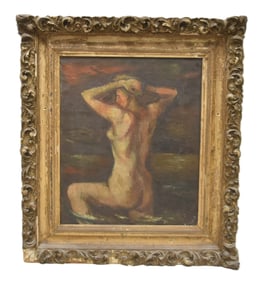 FRENCH SCHOOL , OIL ON CANVAS FEMALE NUDE BATHER