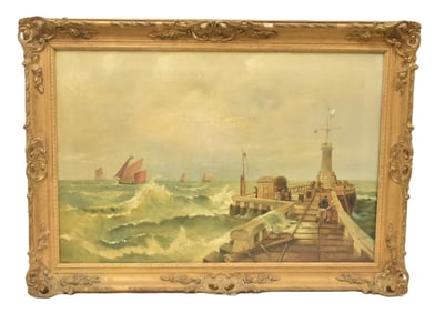 ANTIQUE OIL ON CANVAS LIGHTHOUSE WITH STORMY SEAS