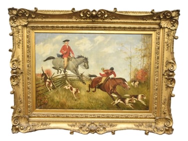 LARGE ENGLISH OIL ON CANVAS HUNT SCENE