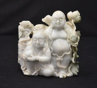 CHINESE CARVED JADE BUDDHA WITH CHILD