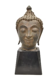 2-PART LARGE BRONZE & WOOD BUDDHA HEAD