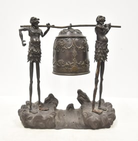 CHINESE ? BRONZE FIGURES HOLDING BELL