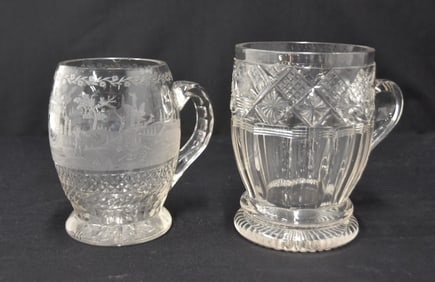 (2) ANTIQUE GERMAN ETCHED & CUT GLASS MUGS
