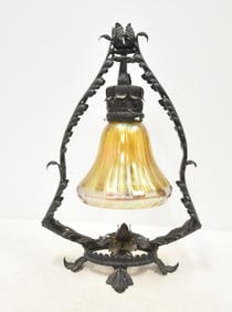 WROUGHT IRON TABLE LAMP WITH ART GLASS SHADE
