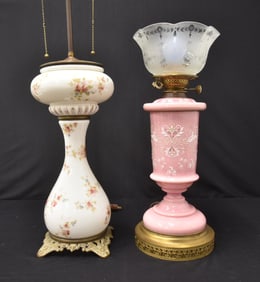 (2) ANTIQUE OPALINE LAMPS