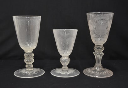 (3) ANTIQUE ETCHED GLASS GOBLETS