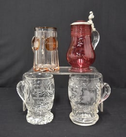 (4) GERMAN - BOHEMIAN GLASS MUGS & STEIN