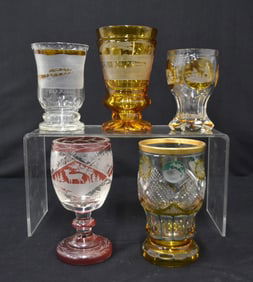(5) ETCHED BOHEMIAN GLASS GOBLETS