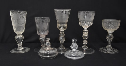 (5) 19th CENTURY ETCHED CHALICE GOBLETS
