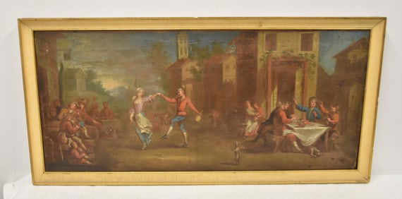 18th - 19thC OIL ON CANVAS CELEBRATION PARTY SCENE