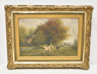 JACQUES DURANT , OIL ON CANVAS OF COWS GRAZING
