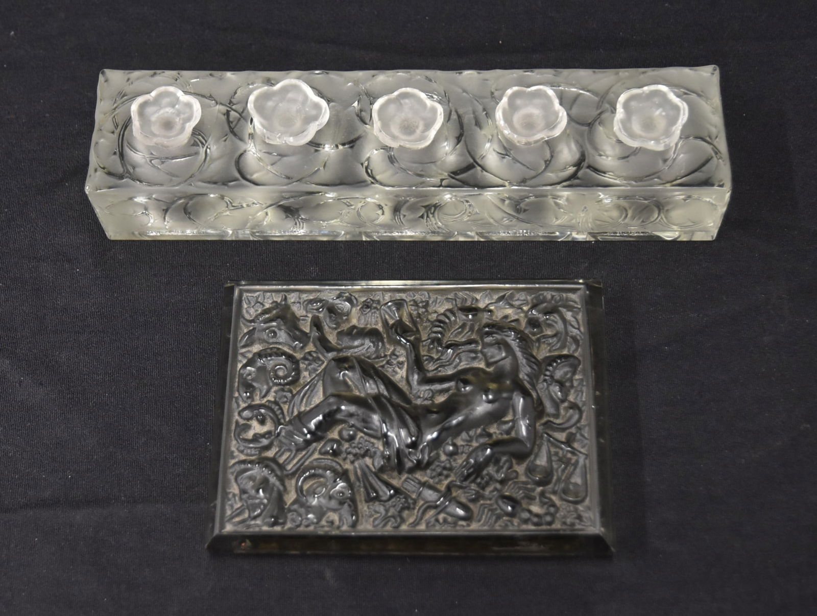 R LALIQUE PERFUME TESTER / LALIQUE ? BOX TOP: R LALIQUE LA RENOMME D'ORSAY PERFUME SAMPLE TESTER - 9" x 2" x 1 1/2" ; UNSIGNED / LALIQUE STYLE ART DECO BLACK GLASS PAPERWEIGHT - BOX TOP WITH RECLINING FEMALE NUDEperfume bottle has shallow fleabit