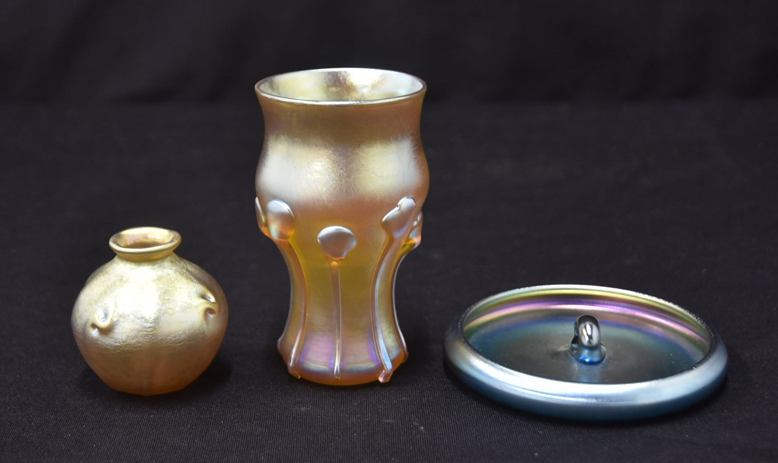 (3) LC TIFFANY FAVRILE & STEUBEN PIECES: LC TIFFANY FAVRILE ART GLASS LILY PAD DESIGN TOOTH PICK HOLDER - 4" TALL / LCT TIFFANY FAVRILE CABINET VASE / STUEBEN BLUE AURENE RING TRAY # 2997