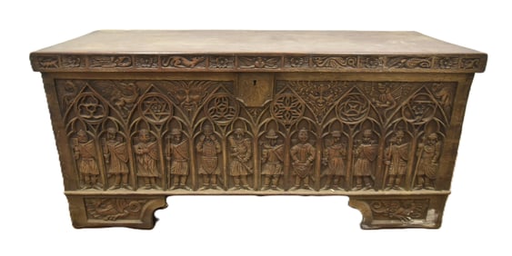 ANTIQUE CARVED GOTHIC HOLY WAR BLANKET CHEST